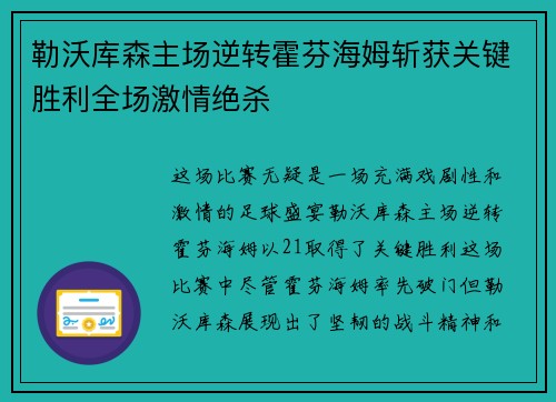 勒沃库森主场逆转霍芬海姆斩获关键胜利全场激情绝杀 勒沃库森主场逆转霍芬海姆斩获关键胜利全场激情绝杀