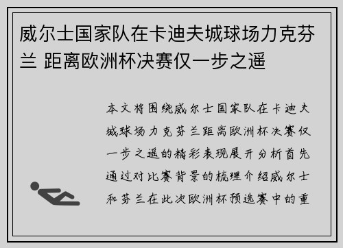 威尔士国家队在卡迪夫城球场力克芬兰 距离欧洲杯决赛仅一步之遥 威尔士国家队在卡迪夫城球场力克芬兰 距离欧洲杯决赛仅一步之遥